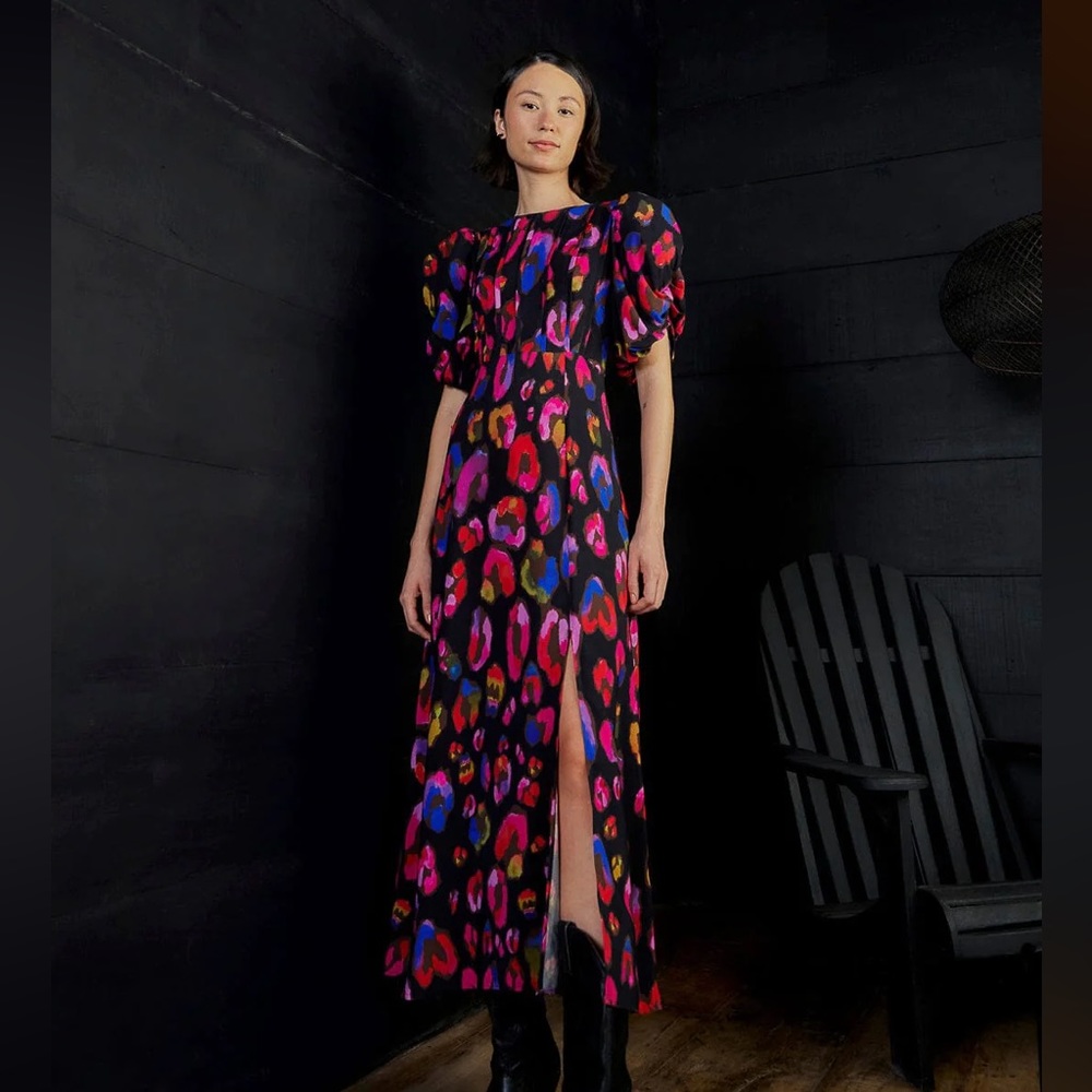 FARM Rio Black Midi Dress with Pink, Red, Blue & Purple Leopard Print